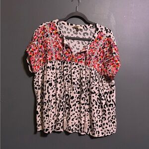 Savanna Jane leopard and floral embroidered western boho blouse size large